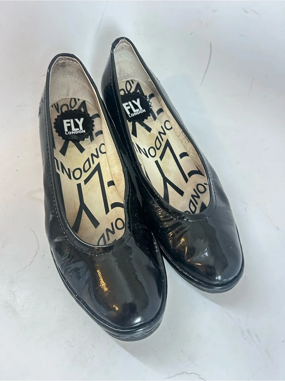 FLY London Yoni Wedge Pump  Black Patent Leather Slip in Size 38 US 7.5-8